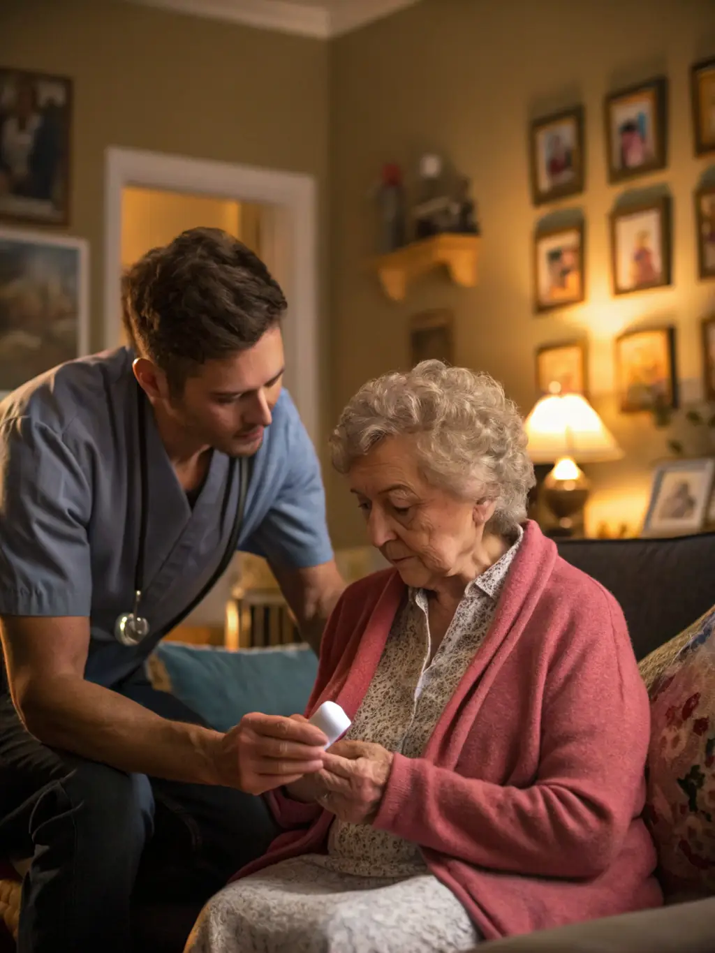 A senior woman smiling while a caregiver helps her with her medication, set in a brightly lit living room.
