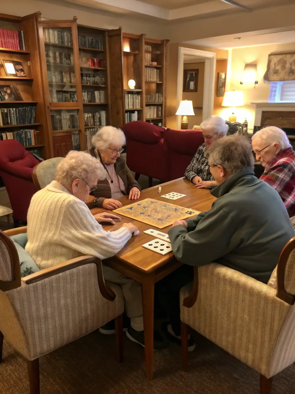A caregiver engaging in a friendly conversation with a senior while playing a board game in a cozy living room.