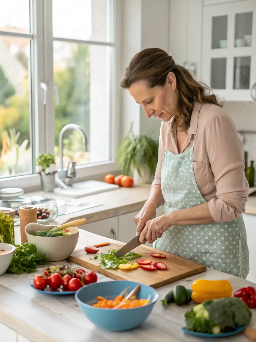 A caregiver preparing a healthy meal for a senior in a modern kitchen.