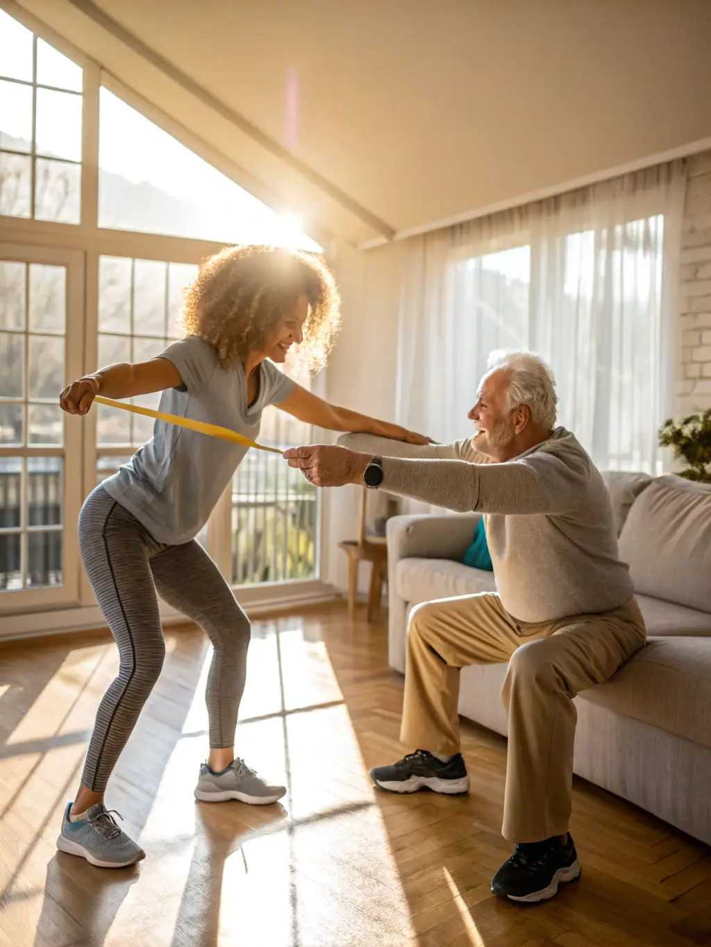 A caregiver assisting a senior man with gentle exercises in a sunny garden.