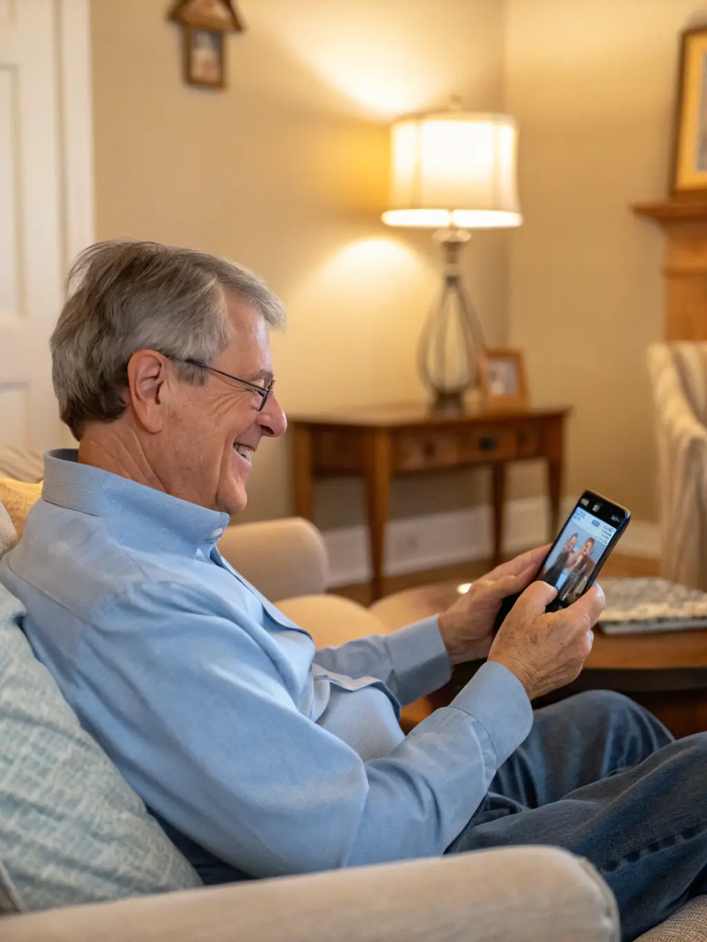 An image of a senior resident confidently using a tablet to communicate with family members, highlighting the ease of staying connected through the platform.