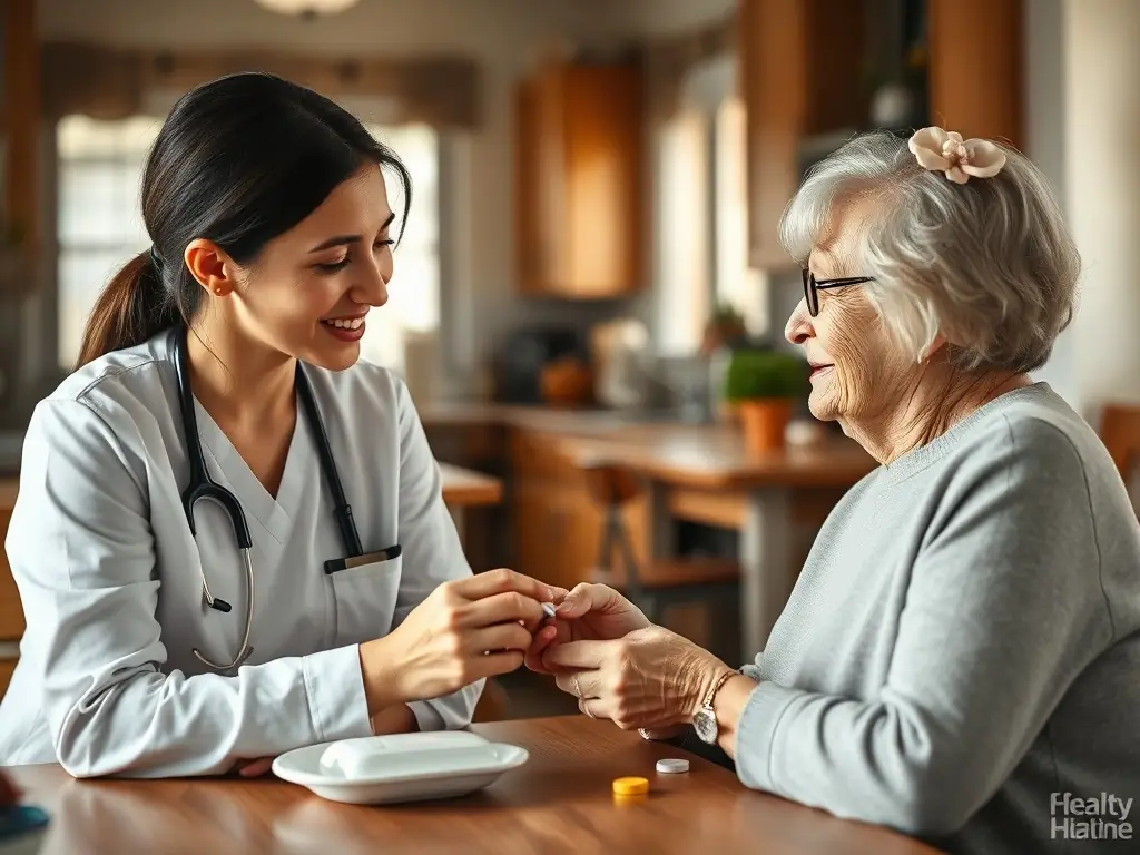 A compassionate caregiver assisting a senior resident with medication in a cozy home setting, emphasizing personalized care and attention.