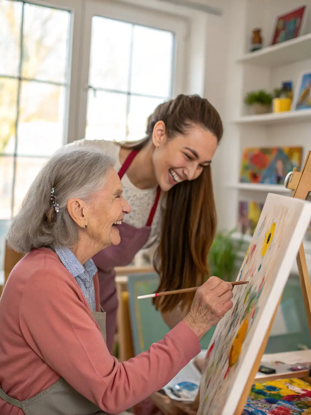 A heartwarming image of a senior resident smiling while a caregiver assists with a hobby, such as painting, in a sunlit living room, showcasing personalized care.