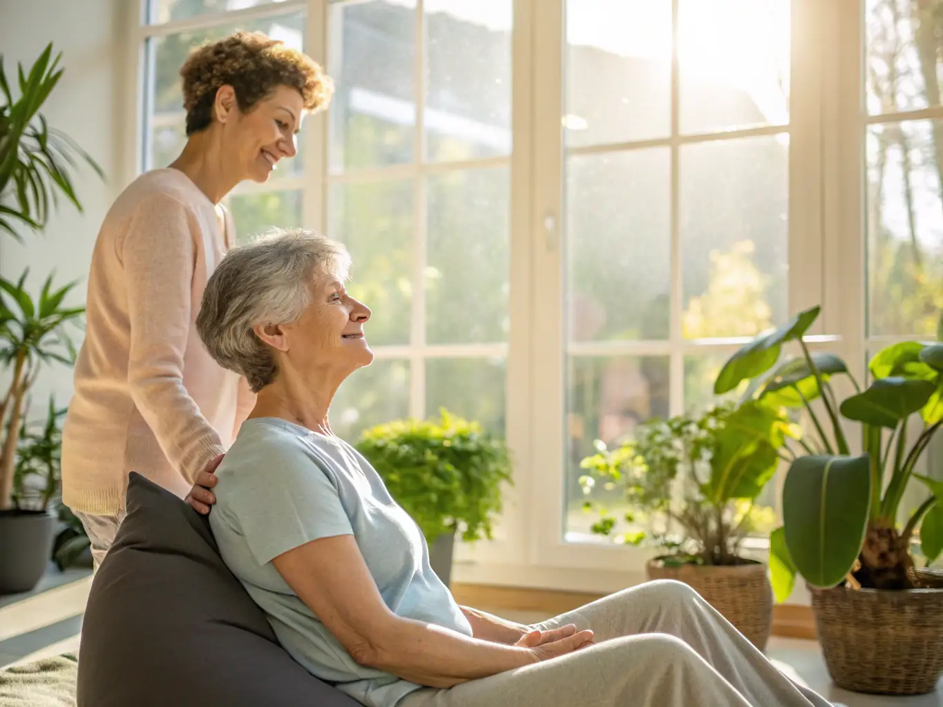 A friendly therapist conducting a rehabilitation session with a senior resident, highlighting the benefits of specialized care and support.