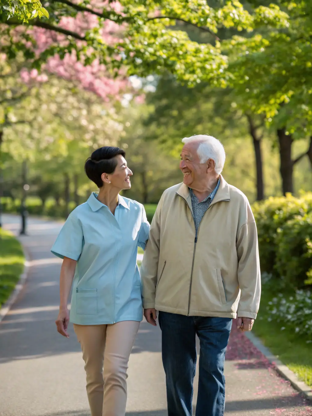 A senior resident and a caregiver engaged in a friendly conversation during a walk in a park, illustrating companionship and emotional support.