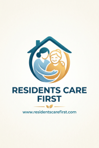 Logo for residents Care First inc featuring two figures in an embrace inside a house outline, with blue, gold, and teal accents and the website URL below.