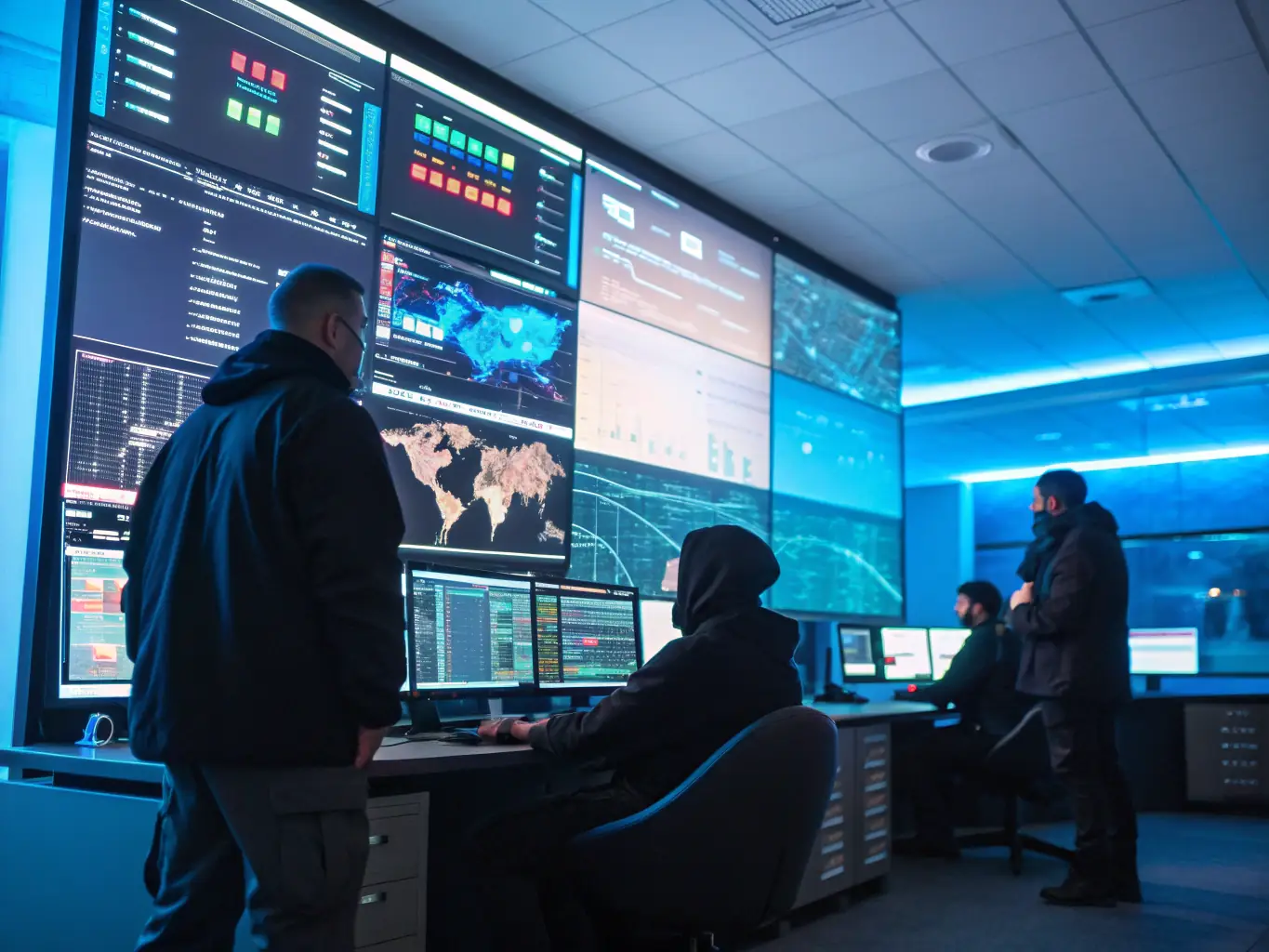 A modern IT operations center with multiple screens displaying real-time threat alerts, digital maps, and AI analytics dashboards, representing Cybervault's proactive threat detection and monitoring service for enterprise clients.