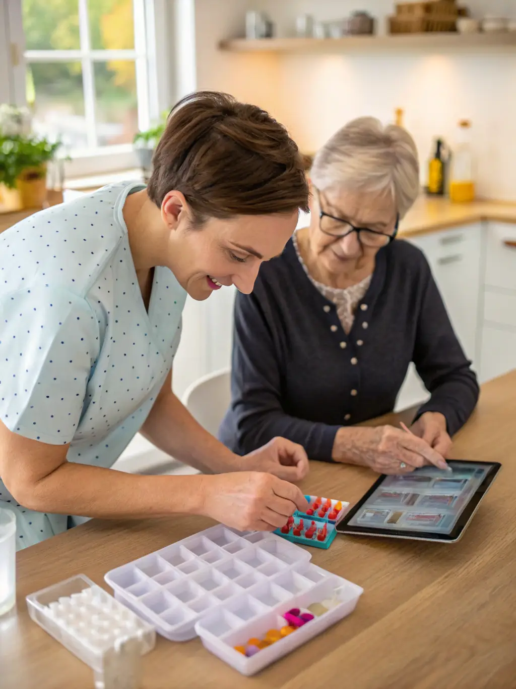 A warm, smiling caregiver assisting a senior resident with their medication in a comfortable home setting. The scene emphasizes personalized care and attention to detail.
