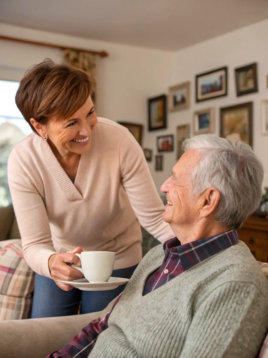 A caregiver and a senior resident sharing a heartfelt conversation over a cup of tea in a sunlit living room, highlighting companionship and emotional support.