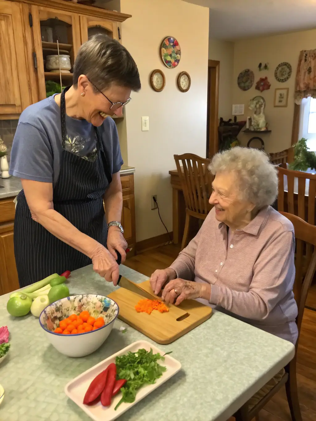 A caregiver preparing a nutritious meal for a senior in a bright and clean kitchen, highlighting dietary needs and preferences.