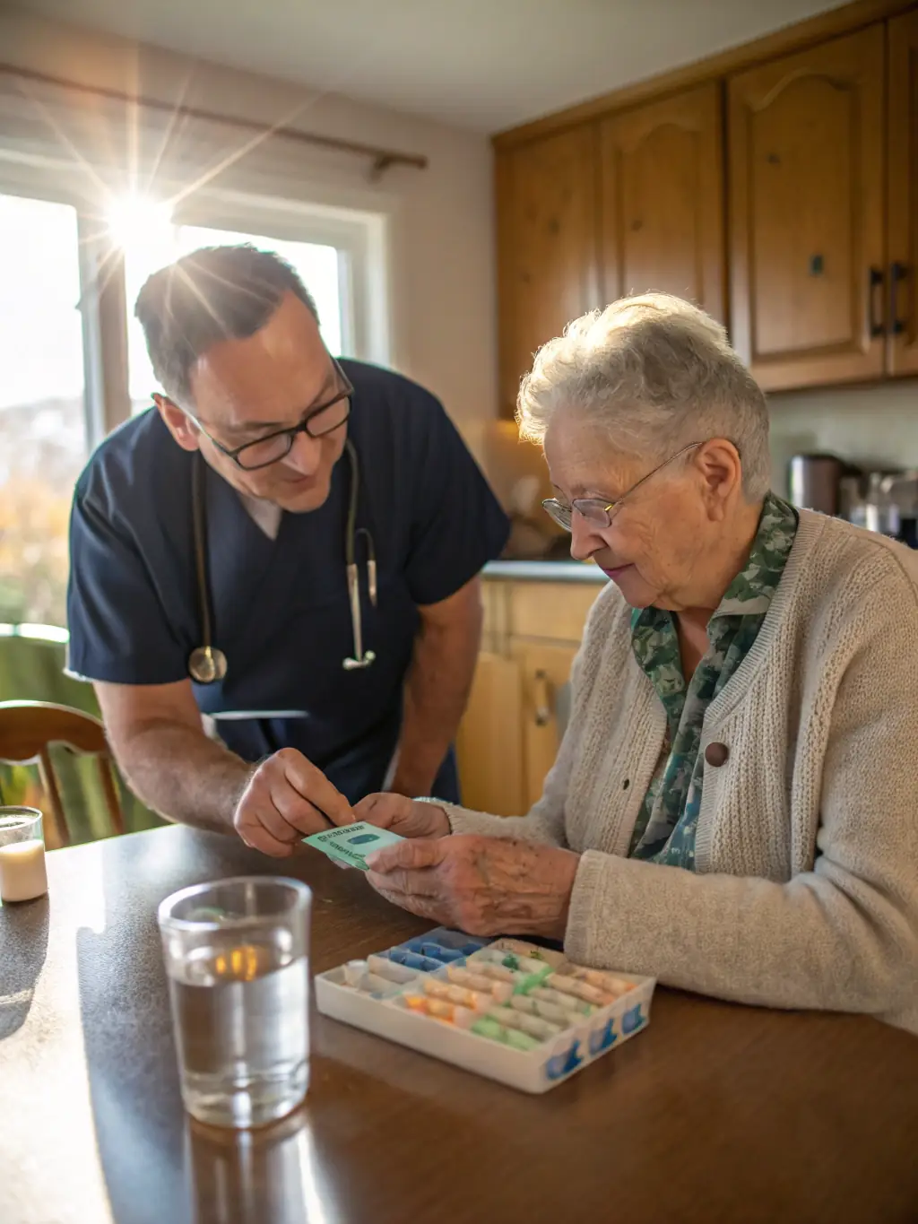 A compassionate caregiver assisting a senior with medication management in a cozy home setting, emphasizing personalized care.