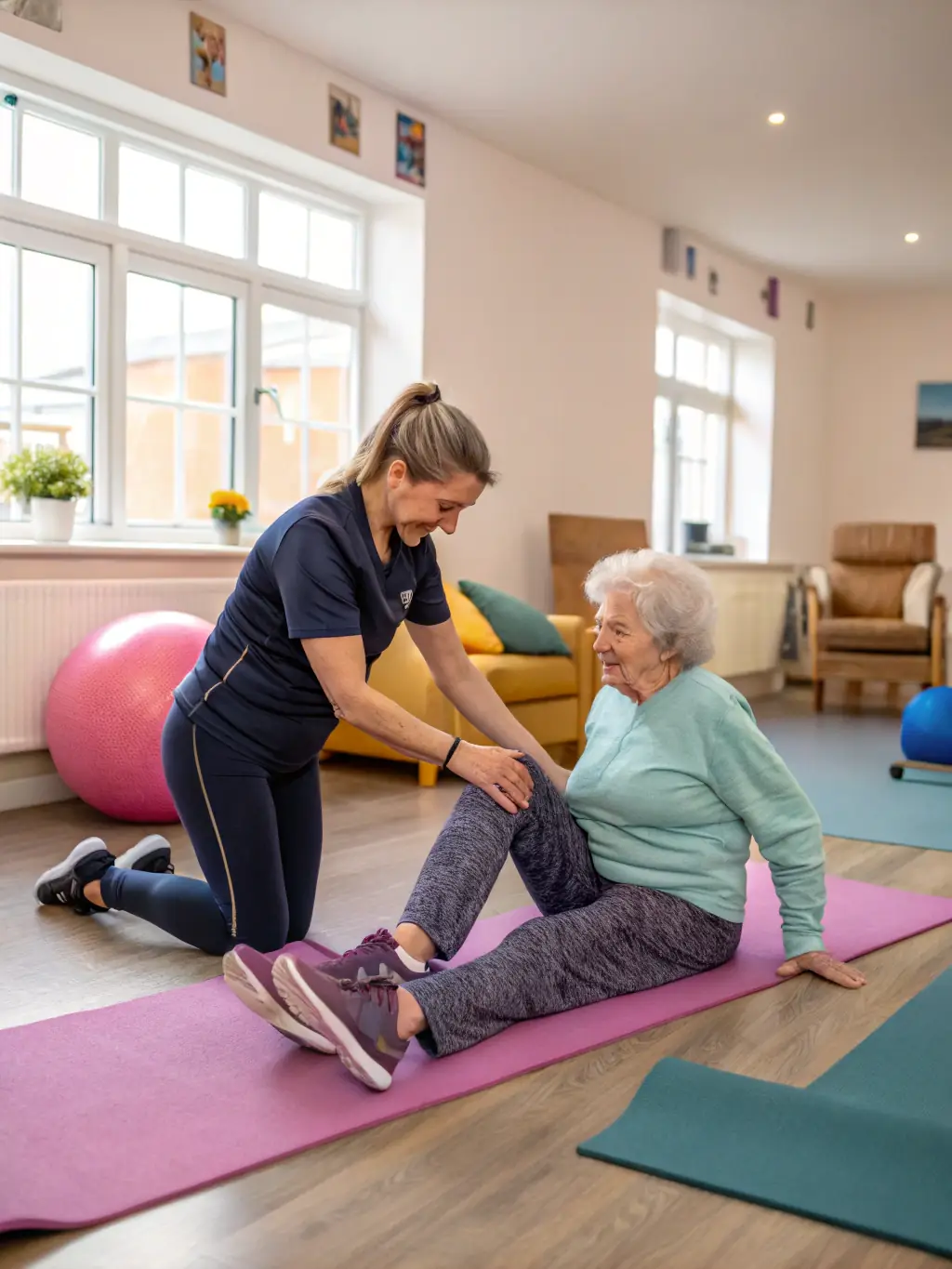 A caregiver gently assisting a senior with mobility exercises, focusing on maintaining physical strength and flexibility.