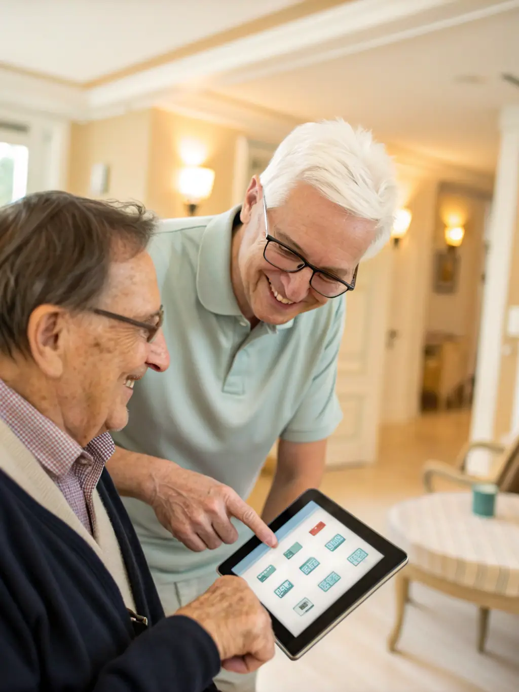A senior resident using adaptive technology with the assistance of a caregiver, showcasing our commitment to personalized care and independence.
