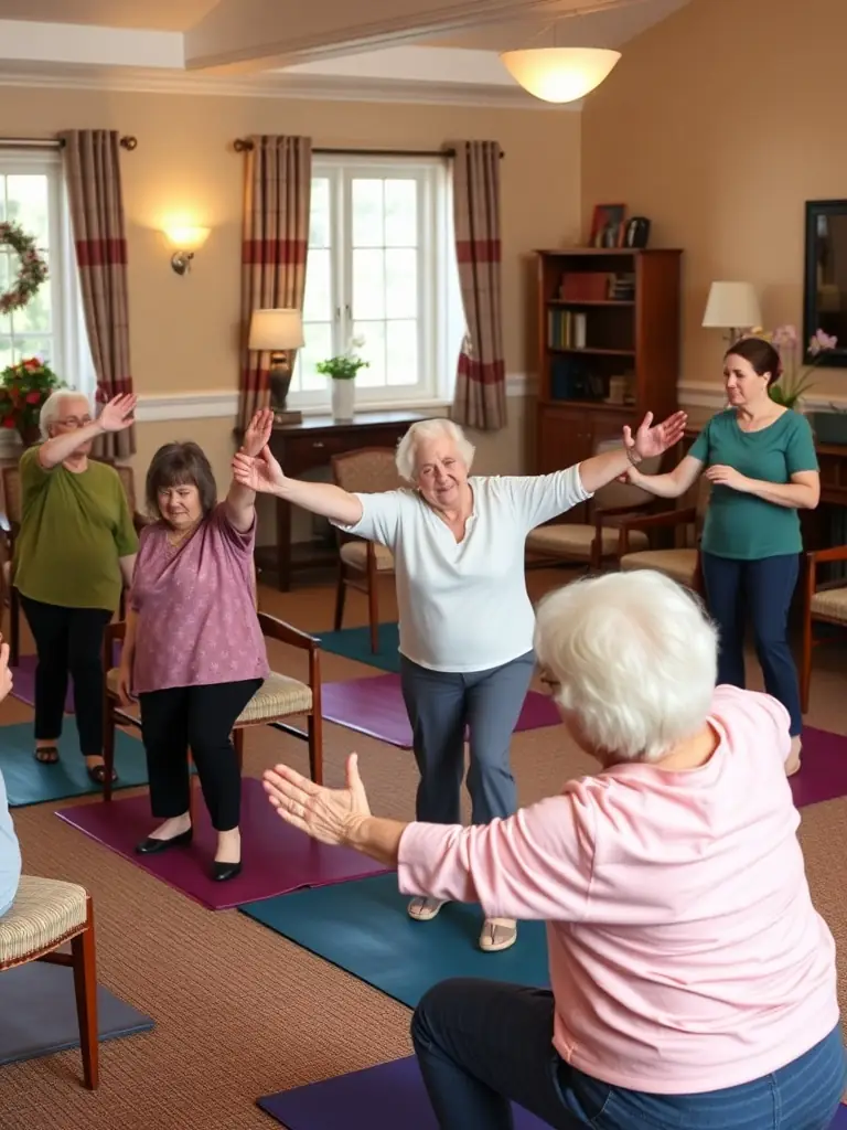 A group of senior residents participating in a gentle exercise class, led by a friendly instructor, in a bright and spacious activity room.