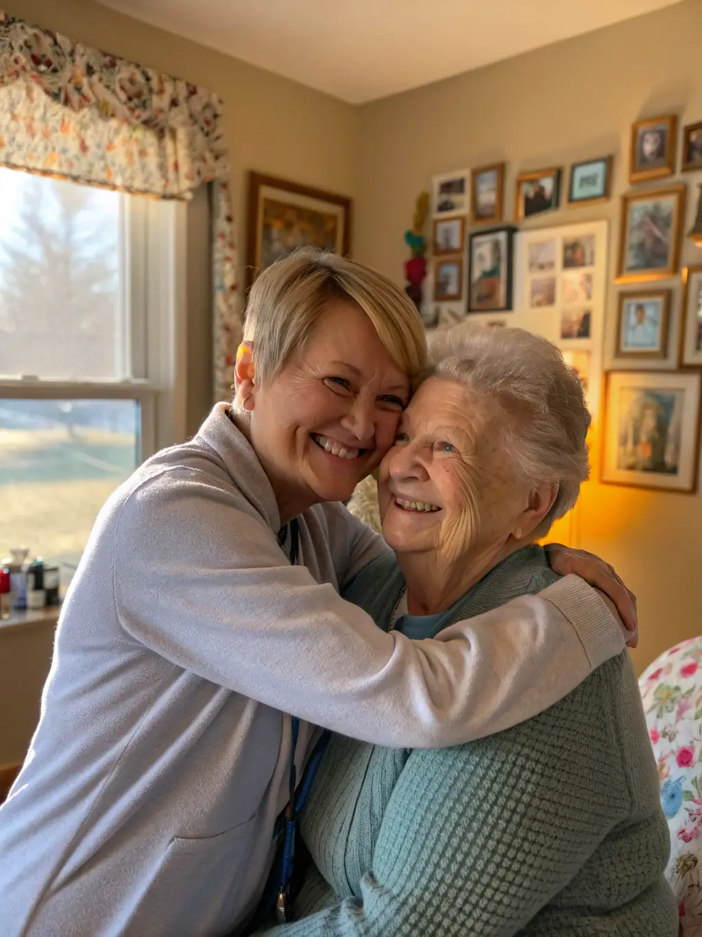 A friendly caregiver engaging in a stimulating conversation with a senior, fostering mental and emotional well-being.